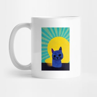 Lonely Island Cat Retro Poster Vintage Art Cat Wall Turquoise Yellow Illustration Mug